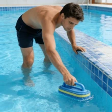 3pcs Pool Sponge Scrubbers, 3-Pack Blue & Yellow Striped Pool Cleaning Brushes With Handle, Sponge Pool Wall Brush, Pool Tile Limescale & Algae Scrubbing Tool, Wear-Resistant & No Shedding, Powerful Cleaning For Pool Walls, Pool Bottom, Tile Gaps, Limescale, Stains, Grease & Algae, Ergonomic Curved Handle Design, Comfortable Grip, Non-Slip Texture On Handle For Enhanced Friction - Multicolor - View 3