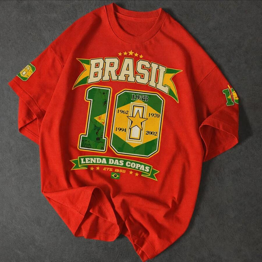 Brazil T-Shirt, Red, Basic, Traditional, World Cup 2026, Summer, Soccer Game, Timi Cotton, Regular - Đỏ - Xem 1