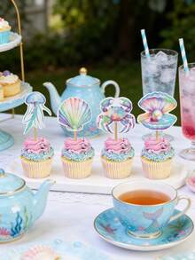 32pcs Mermaid Theme Birthday Party Decorations, Cupcake Toppers, Reusable Mermaid Tail Happy Birthday Cake Decorations, Baking Decor, Party Supplies - Multicolor - View 3