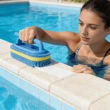 3pcs Pool Sponge Scrubbers, 3-Pack Blue & Yellow Striped Pool Cleaning Brushes With Handle, Sponge Pool Wall Brush, Pool Tile Limescale & Algae Scrubbing Tool, Wear-Resistant & No Shedding, Powerful Cleaning For Pool Walls, Pool Bottom, Tile Gaps, Limescale, Stains, Grease & Algae, Ergonomic Curved Handle Design, Comfortable Grip, Non-Slip Texture On Handle For Enhanced Friction - Multicolor - View 2