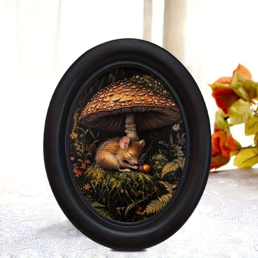 1个手工椭圆形木框，3D仓鼠蘑菇屋设计（5.25 x 4.16英寸），适合农舍风格、节日墙面装饰，可更换印刷纸，是母亲节、感恩节、万圣节、圣诞节、新年等节日的绝佳礼物，易于悬挂，优雅的设计适用于家居、办公室、厨房、客厅、卧室、走廊、周年纪念日、订婚、活动和派对等场合，创意十足，经久耐用，手工质感。