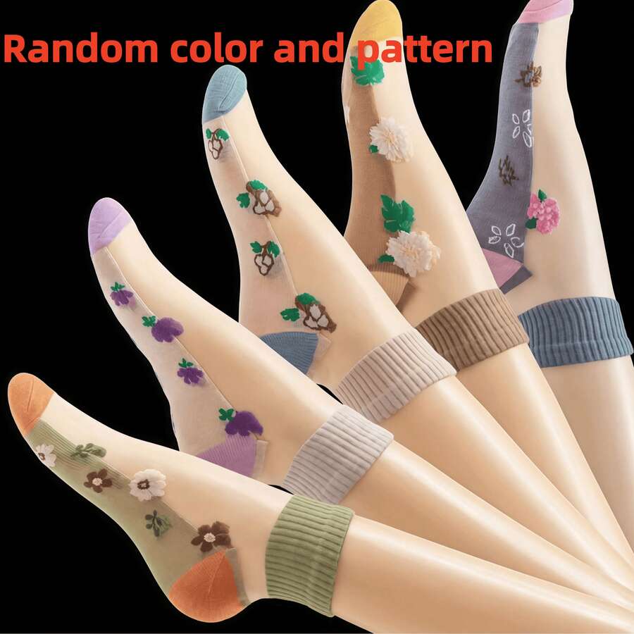 10 peças/pacote Meias Transparentes de Cristal para o Verão, Meias Curtas de Renda Bordada, Ultra Finas e Respiráveis Antiemborrachamento (Cores e Padrões Variados) - Multicolorido - Visão 1