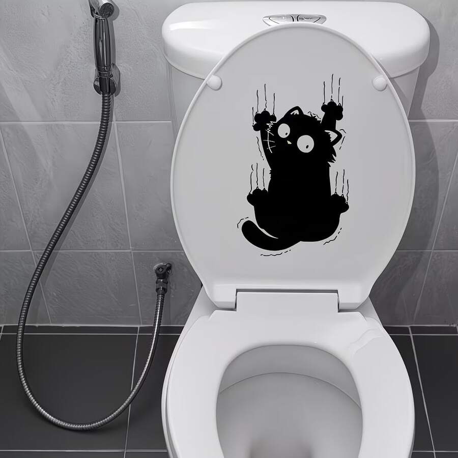 1pc Funny Cat Toilet Sticker, Self-Adhesive Bathroom Home Decor Wall Sticker, Door Sticker, Fridge Sticker, Window Sticker, Toilet Sticker, Funny Item To Make Toilet Conditions More Comfortable - 1PC - View 1