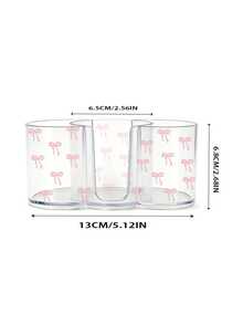 Caja de almacenamiento de plástico transparente con patrón de lazo rosa, 3 en 1, organizador de maquillaje de escritorio con doble agujero redondo, caja de almacenamiento de cosméticos transparente con compartimentos duales - Caja de almacenamiento de tocador moderno con tapa - Multicolor - Ver 10