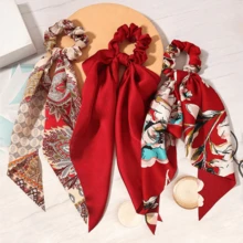 2 piezas Scrunchies de seda con estampado de paisley de unicolor, adecuados para coleta, peinados de moño, ropa, accesorios para el cabello de estilo bohemio, lazos elásticos para el cabello, accesorios festivos - Rojo - Ver 4