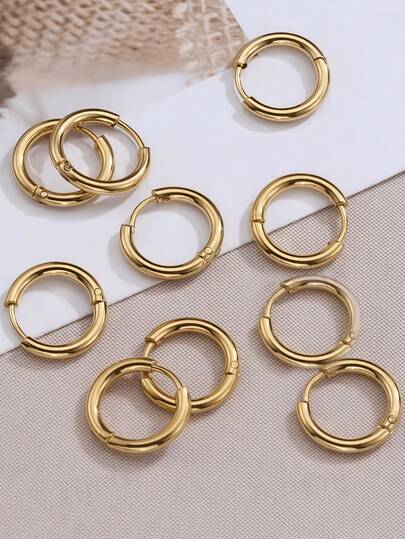 10 Pieces Of Gold Stainless Steel Ear Ring Hoops - Large-Sized Circular Earrings For Ladies - Gold Declaration Earrings / Lightweight Thick Gold Earrings - Men's Punk Hip-Hop Gift - Fashion Jewelry Piercing Accessories