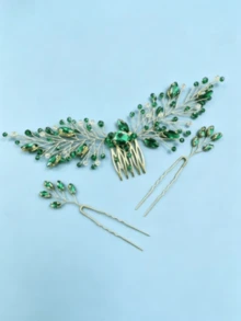 3件套孔雀绿水晶花叶奢华新娘发梳发夹头饰 - 綠色 - 查看 3