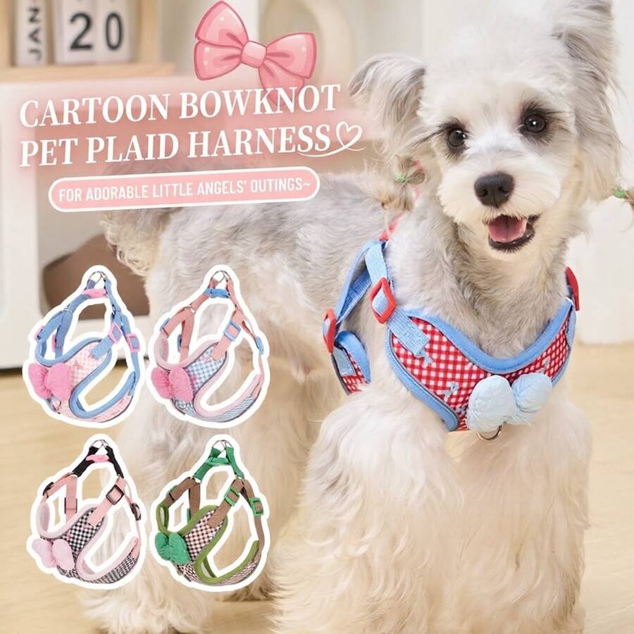Bộ 2 món dây đeo và dây dắt thú cưng màu hồng nhạt kẻ caro: Áo lưới thắt nơ dễ thương có phản quang dành cho chó con và mèo con nhỏ.