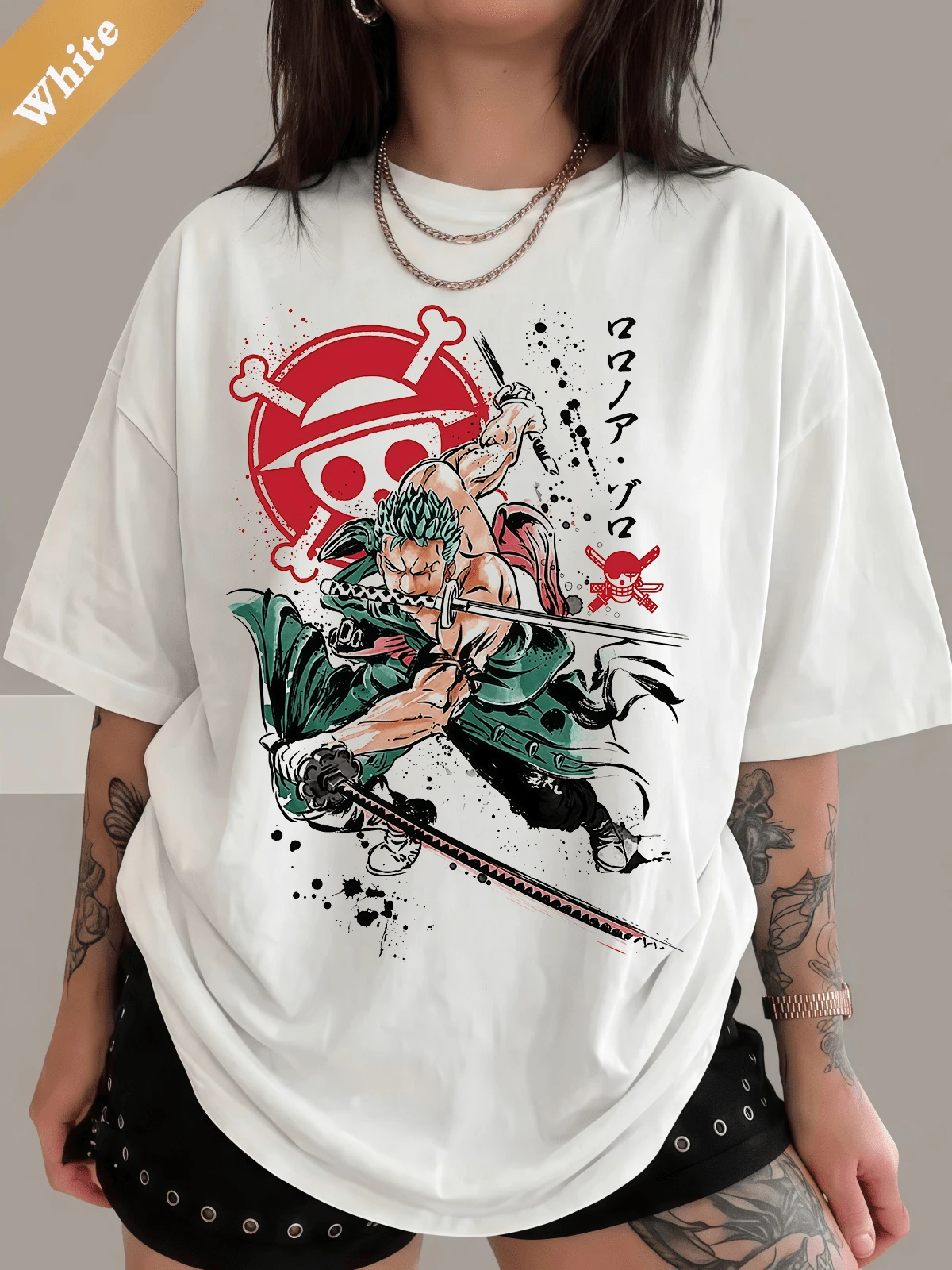 Ones Piece Roronoa Zoro Three Swords Style Ink Wash Graphic 100% Cotton T-Shirt, Oversized Anime Streetwear For Fans - 白色 - 查看 1