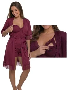 Baby Doll Kit With Easy-Open Button Nursing Bra + Comfortable Robe For Maternity, Hospital Outfit, And Postpartum Wear - Burdeos - Ver 1