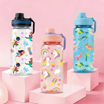 BENNY 600毫升儿童水瓶，带提手，防漏翻盖，直接饮用，可爱卡通图案（超级英雄/独角兽/恐龙），Tritan塑料材质 | 适合男孩女孩幼儿，是开斋节、斋月、开学季和圣诞节的理想礼物