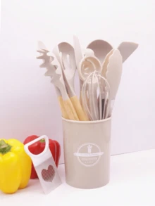 12pcs Silicone Kitchen Utensil Set With Wooden Handles And Storage Canister, Non-Stick Silicone Cooking Tools Set Including Spatula, Slotted Spoon, Ladle, Brush, Tongs, Whisk - Multicolor - View 7