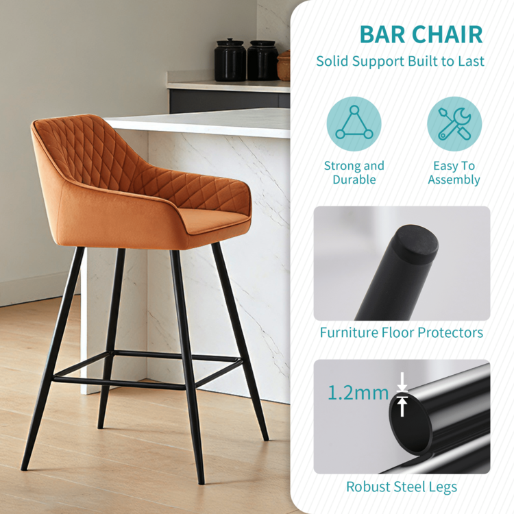 ZOONFA Orange Velvet Upholstered High Bar Stool With Armrest & Backrest, Breakfast Kitchen Stool For Counter - Orange - View 4