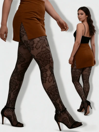 1pc Plus Size Jacquard Fishnet Stockings, Leaf Hollow Leggings, Sexy & Fashionable, Suitable For Party, Home, Office, Black Tights