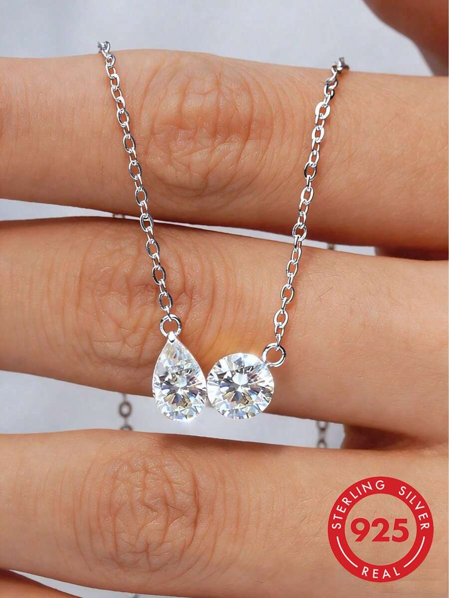 1pc S925 Sterling Silver Teardrop & Round Diamond Pendant Necklace, Exquisite Jewelry Gift For Women