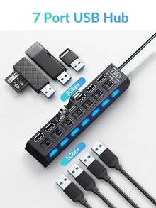 2PCS/1PC Set 4-Port & 7-Port USB 2.0 Hub With Independent Switches - Multi-Port Splitter Adapter, Compatible With Laptops, PCs, MacBooks, Phones OTG And USB Peripherals - 查看 8