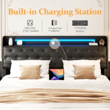 Gunji Queen LED Bed Frame With Charging Station And 4 Storage Drawers,  Upholstered Faux Leather Platform Bed With Wingback Headboard, Metal Frame With No Box Spring Needed, Black - Black - View 6