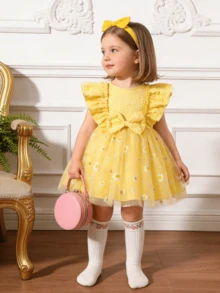 Đầm công chúa không tay cho bé gái, họa tiết hoa cúc jacquard ngọt ngào và dễ thương, chân váy lưới phồng với nơ và viền bèo nhún, lý tưởng cho mặc hàng ngày và đi nghỉ mát. - Màu vàng - Xem 11