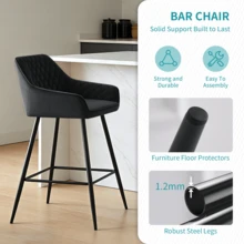 ZOONFA Bar Stools Black Velvet Breakfast Stools Upholstered Kitchen Bar Chairs With Armrest & Backrest Barstools For Kitchen Counter - Black - View 6