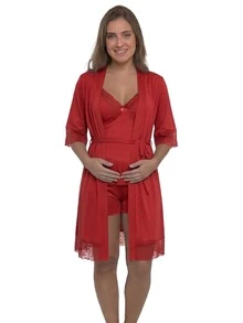 Kit Baby Doll com Sutiã Amamentação de Abotoar Abre Fácil + Robe Hobby Confortável para Gestante Saída de Maternidade e Pós Parto - Vermelho - Visão 2