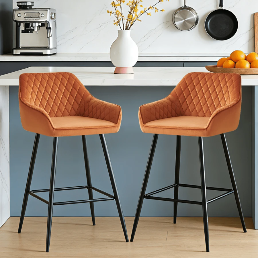 ZOONFA Orange Velvet Upholstered High Bar Stool With Armrest & Backrest, Breakfast Kitchen Stool For Counter - Orange - View 1