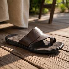 Men's Flip-Flops In Genuine Leather, LeHos Casual Vacation Style - 咖啡棕 - 查看 9