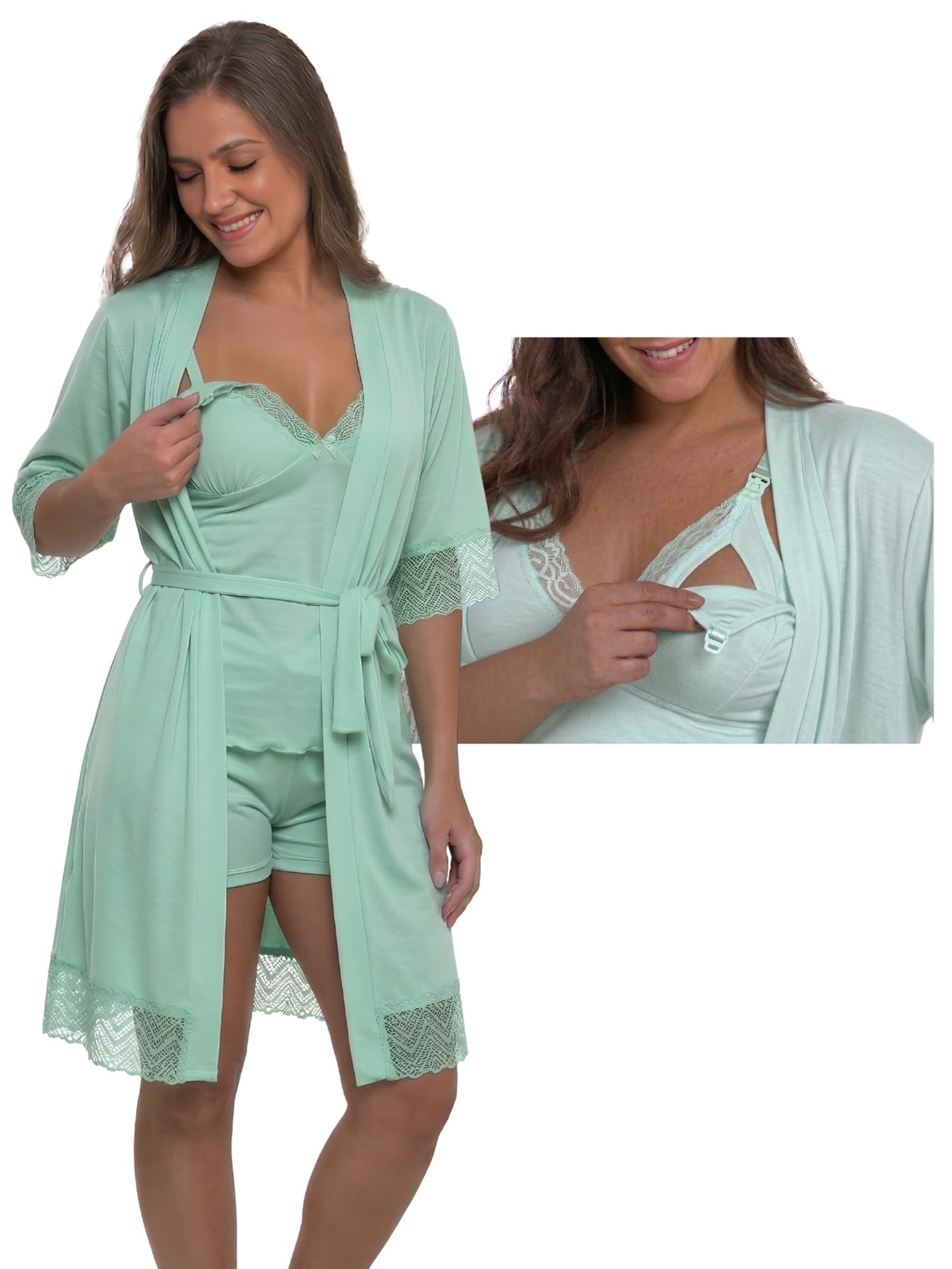 Baby Doll Kit With Easy-Open Button Nursing Bra + Comfortable Robe For Maternity, Hospital Outfit, And Postpartum Wear - verde menta - Ver 1