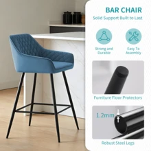 ZOONFA Bar Stools Teal Velvet Breakfast Stools Upholstered Kitchen Bar Chairs With Armrest & Backrest Barstools For Kitchen Counter - Teal Blue - View 6