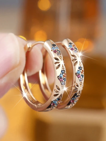 1 Đôi bông tai vòng mạ vàng đính đá Zirconia tổng hợp màu cầu vồng và trắng kiểu cổ điển dành cho nữ - Hoàn hảo cho Ngày Valentine, các bữa tiệc và trang phục thường ngày.