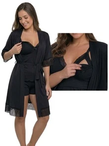 Baby Doll Kit With Easy-Open Button Nursing Bra + Comfortable Robe For Maternity, Hospital Outfit, And Postpartum Wear - Negro - Ver 1