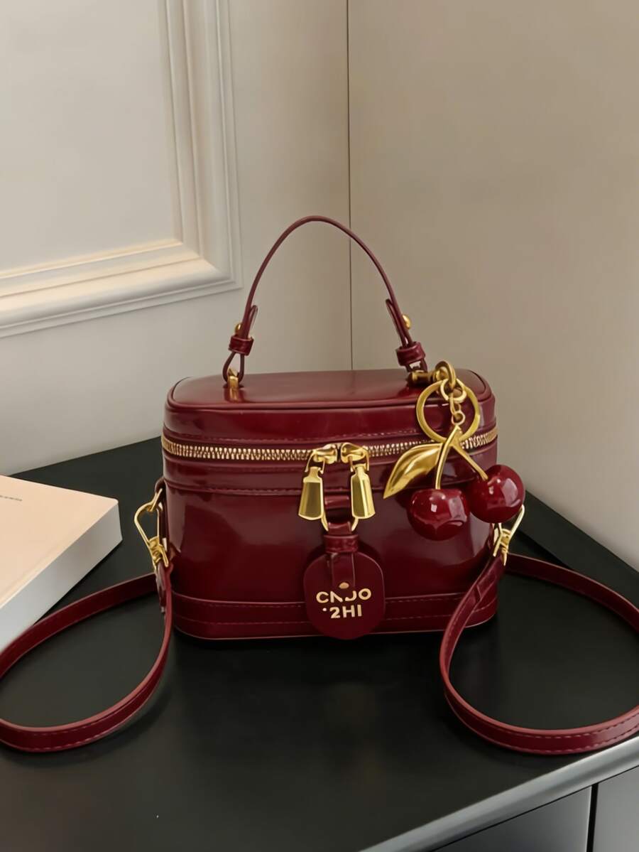 Túi vuông cầm tay bằng da PU màu trơn thanh lịch, túi mini PU, túi vải chống thấm nước màu đỏ tía, túi hộp thiết kế họa tiết chữ cái, thích hợp cho du lịch, mua sắm, dự tiệc, đi làm, túi màu đỏ tía thời trang, túi màu đỏ.