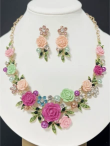 3 Pieceselegant Luxurious Alloy Enamel 3D Flower Necklace And Earring Set For Women, Suitable For Banquets And Dinners, Fashionable And Versatile - Enamel Flower Necklace and Earrings Set - View 6
