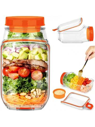 1pc Leak-Proof Salad Container With Lid - Portable Lunch Box And Snack Canister, Salad Container, Leak-Proof Salad Container With Lid, Salad Cup, Portable Salad Box, Convenient Side-Open Design, Transparent Food Storage Container With Separate Condiment Compartment. Transparent Food Storage Cup, Side-Open Design, Easy Access, Leak-Proof Design - Suitable For Office, Lunch, School, Travel, Gathering, Home, Outdoor, Camping, Condiment Container Etc., Kitchen Accessories, Outdoor Essentials, Women Gift
