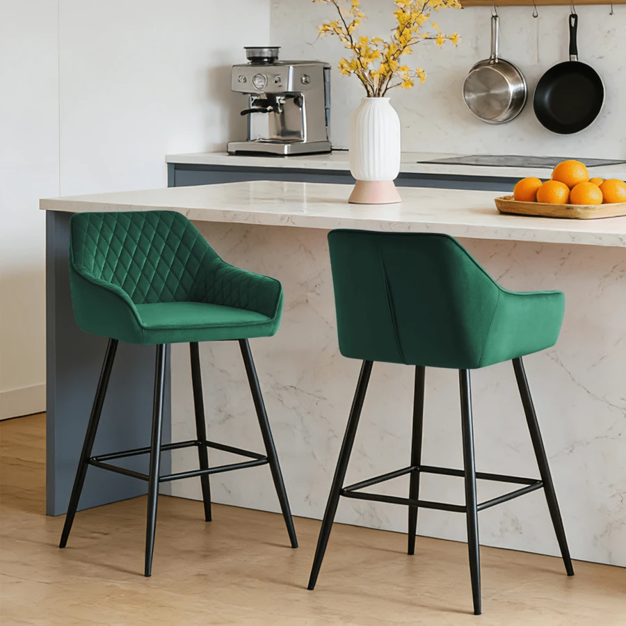 ZOONFA Bar Stools Green Velvet Breakfast Stools Upholstered Kitchen Bar Chairs With Armrest & Backrest Barstools For Kitchen Counter - Green - View 1