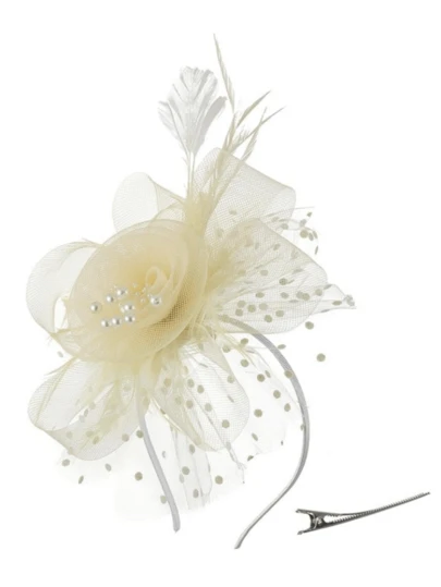 1 Piece Beige Women's Mesh Flower Fascinator With Headband And Clip Wedding Tea Party Kentucky Derby Fascinator Hats,Summer,Beach