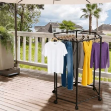 360° Rotating Hexagonal Wheeled Heavy-Duty Clothes Drying Rack, High Load Capacity, Fashionable Appearance, Multiple Options, Space-Saving, Sturdy Metal Floor-Standing Multi-Rod Laundry Rack, Suitable For Bedroom, Balcony, Room, Dorm, Hotel, Holiday Gift - Multicolor - View 2