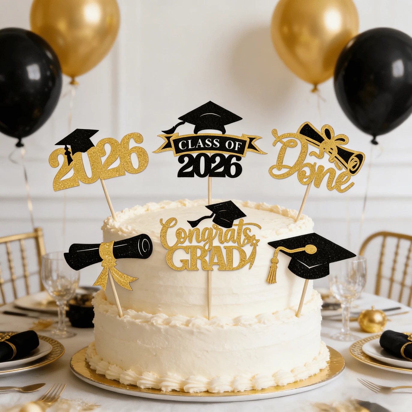 Conjunto de 1 decoração para cupcakes de formatura de 2026, toppers de bolo de formatura em preto e dourado com glitter, enfeites de bolo com chapéu de formatura e diploma de 2026, decoração para festa de formatura do ensino médio/faculdade para homens e mulheres. - Multicolorido - Ver 1