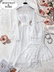 Women's White Bodysuit &Sheer Long Robe Set - Sexy V-Neck Halter And Open-Crotch Bodysuit With Satin Bow Belt Kimono Style Bathrobe For Valentine's﻿ - 白色 - 查看 2