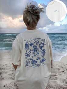 Women's Summer New Simple Cute Marine Life Print Casual Vacation Style Loose Versatile Round Neck White Short-Sleeved T-Shirt Fashionable Daily Tops Suitable For Daily Vacation Wear. Graphic Tees Women Pink Top-Unisex Comfortable Vintage Street Style Loose-Fit Washed T-Shirt - 白色 - 查看 18