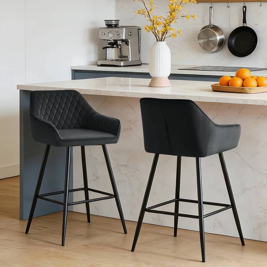 ZOONFA Bar Stools Black Velvet Breakfast Stools Upholstered Kitchen Bar Chairs With Armrest & Backrest Barstools For Kitchen Counter