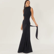 Fashion Temperament Slim-Fitting Turtleneck Sleeveless Splicing Streamer Bright Silk Dress - Black - View 3