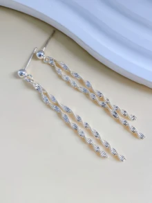 1 Pair Elegant Star Tassel Drop Earrings, Silver Tone Chain Dangling Earrings For Women - Silver - View 2