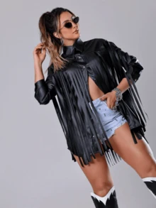 Lalita Fringed Leather Shirt - màu đen - Xem 5