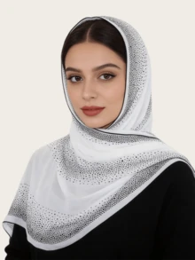 1pc Women's Lace Knitted Elastic Fabric Diamond Crafted Viscose Maxi Hijab Scarf, Malaysian Fashion Headscarf - Lace Rhinestone Long Scarf In Multiple Colors - View 12