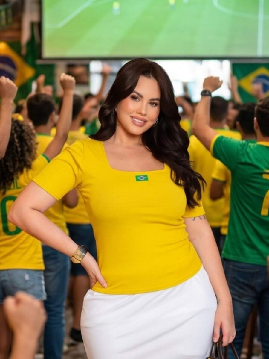 Women's Plus Size Blouse Brazil Square Neck Casual Plus Ribbed Premium Sizes 44 46 48 50 52 54 GG G1 World Cup - ÁO SƠ MI NGẮN TAY KIỂU BRAZIL - Màu vàng - Xem 1