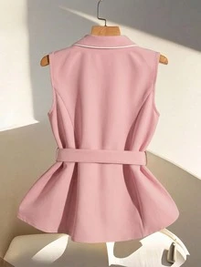 Plus Size Pink Sleeveless Blazer Jacket With Belt, Regular Length Spring - Pink - View 2