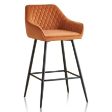 ZOONFA Orange Velvet Upholstered High Bar Stool With Armrest & Backrest, Breakfast Kitchen Stool For Counter - Orange - View 8
