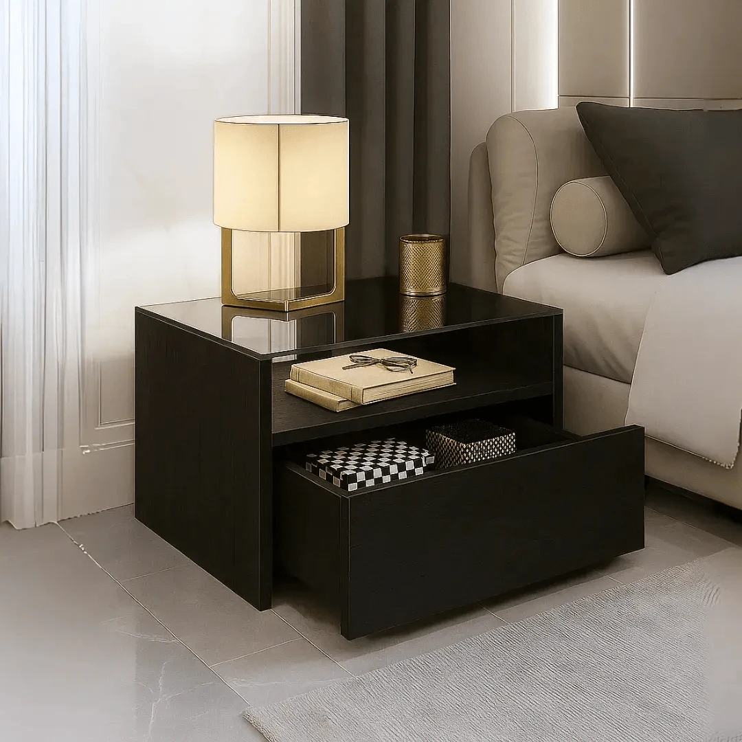 Buro Para Recámara Moderno Mesita De Noche Con Templado ,Minimalista Estilo,Mueble Auxiliar para Recamara Moderno, Mesa de Noche con Espacio de Almacenamiento,para Dormitorio, Armario, Pasillo, guardería, Mesa Auxiliar, Mueble Lateral - Negro - Ver 1
