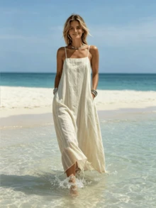 2026 Nouvelle robe d'été longue minimaliste à rayures en lin pour femmes, robe ample sans manches à col carré avec poches latérales et bretelles, robe d'été élégante - Nude - Voir 5