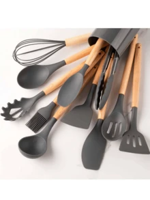 12pcs Silicone Kitchen Utensil Set With Wooden Handles And Storage Canister, Non-Stick Silicone Cooking Tools Set Including Spatula, Slotted Spoon, Ladle, Brush, Tongs, Whisk - Multicolor - View 8